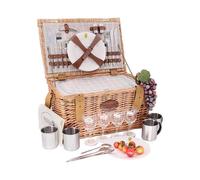 Les Jardins de la Comtesse - Panier Pique-Nique Concorde en Osier - 4 Personnes/Glacière Isotherme/Assiettes/Verres à Vin/Timbales en Aluminium - Tissu Couleur Blanc et Gris - 47 x 31 x 24 cm