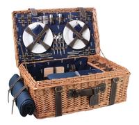 Les Jardins de la Comtesse - Panier Picnic Champs Elysées Bleu en Osier - Sangles en Cuir - Complet 4 Personnes - Glacière/Nappe - Assiettes en Porcelaine et Verres à Vin en Verre - 57 x 37 x 23 cm