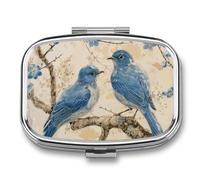 Mallette à médicaments portable à 2 compartiments - Motif oiseau bleu sur la branche - Joli pilulier de voyage pour poche et sac à main - Cadeau de voyage unique