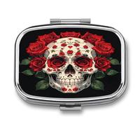 Mallette à médicaments portable à 2 compartiments - Rose rouge - Squelette mignon - Pilulier de voyage pour poche et sac à main - Boîte à médicaments portable pour vitamines - Cadeau de voyage unique