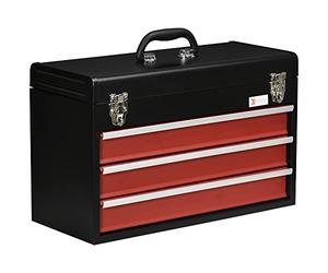 Mallette à outils DURHAND vide, 51 x 22 x 32 cm Boîte à outils avec 3 tiroirs, compartiment de rangement supérieur, poignée, caisse à outils avec 2 serrures, en acier, noir+rouge