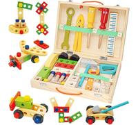 Mallette à outils en bois pour enfants - 34 pièces Montessori en bois avec outils et kit de construction de véhicule, jouet éducatif à partir de 3 ans pour garçons et filles