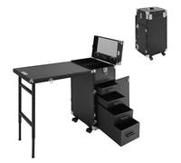 Mallette cosmétique multifonctionnelle : 4 tiroirs en aluminium, étages rabattables, roulettes pivotantes à 360°, idéale pour les coiffeurs et les voyages, Noir , Erweiterte Tischgröße: 57*38*68cm,