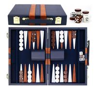 Mallette de backgammon avec étui en cuir de qualité supérieure - Portable et de voyage - Bleu marine