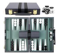 Mallette de backgammon avec étui en cuir de qualité supérieure, portable et kit de backgammon de voyage (bleu-gris)