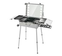 Mallette de maquillage 3 en 1 à roulettes, verrouillable, en aluminium, 61 cm, avec roulettes, pieds réglables, miroir et éclairage LED, organisateur de maquillage portable pour professionnels et