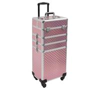 Mallette de maquillage 4 en 1, capacité de charge de 110,23 lbs - Mallette de maquillage verrouillable avec roulettes, tiroir et bandoulière, Rose, Moderne