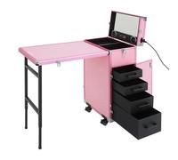 Mallette de maquillage 4 en 1 en aluminium avec roulettes, miroirs et haut-parleurs Bluetooth, rotation à 360 °, verrouillable pour coiffeur/beauté, avec compartiments et tiroir, Rose, 45.5*27*62cm