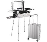Mallette de Maquillage à roulettes, 22/24 Pouces en matériau PC, boîte de Rangement de Maquillage, étui de Voyage avec Supports réglables, Station de Maquillage éclairée à roulettes,Silver-24-inch