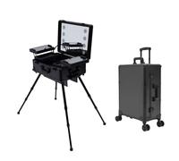 Mallette de maquillage à roulettes, à roulettes, table de train, en aluminium, 55,8 cm, pour artiste professionnel, avec 4 roulettes, éclairage et miroir, robuste, Noir , Moderne