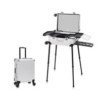 Mallette de Maquillage à roulettes, Chariot de Maquillage, Mallette de Rangement cosmétique Professionnelle avec Miroir et lumières LED 3 Couleurs (Silver Small)