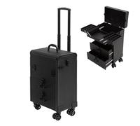Mallette de maquillage à roulettes, grande mallette de voyage professionnelle pour cosmétiques, mallette de maquillage à roulettes avec 2 grands tiroirs, noire, mallette de maquillage en aluminium (