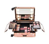 Mallette de maquillage avec miroir et 8 lumières LED, capacité de charge de 50 kg, valise cosmétique réglable en hauteur - Or rose avec 3 niveaux de couleur de lumière - Mallette de maquillage à