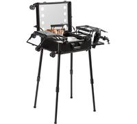 Mallette de maquillage avec serrure et miroir éclairé, 4 compartiments de rangement, porte-pinceaux et haut-parleur Boîte d'organisation des cosmétiques de voyage avec roues pivotantes - trolley de st