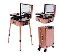 Mallette de maquillage, avec tiroirs, à roulettes, avec ampoules LED de 5 W, grande mallette verrouillable, pour coiffeur, beauté et beauté, or rose