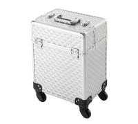 Mallette de maquillage professionnelle avec roulettes et plateau de rangement pliable, clé à roulettes pour voyage et travail (34 x 24 x 41 cm), argent métallique