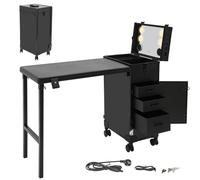 Mallette de maquillage, table de manucure, pliable, avec 3 tiroirs, miroir LED et clé, mallette multifonctionnelle, avec 4 roulettes, jusqu'à 50 kg (noir)