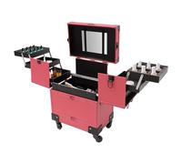 Mallette de Maquillage Verrouillable avec roulettes,Beauty Case Gaufrée Brillante,Valise Trolley Facile à Emporter, Convient Aux Maquilleurs Professionnels, Aux Coiffeurs (Rose Rouge)