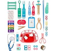 Mallette de médecin en bois - Coffret de 34 pièces - Jeu de rôle avec seringue, dents, stéthoscope, brosse à dents et valise - Jouet éducatif pour enfants à partir de 3 ans