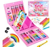 Mallette de peinture pour enfants, 240 pièces Boîte d'art avec chevalet trilatéral double face, peintures pour aquarelles, cadeau pour filles de 4 à 12 ans, rose..