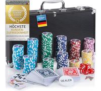 Mallette de poker Profi Pokerset comprenant 300-500 jetons de poker de haute qualité ; deck de poker, jeu de cartes, cartes de poker, dés, bouton de croupier ; casino à domicile (Noir, 300 Jetons)