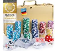 Mallette de poker Profi Pokerset comprenant 300-500 jetons de poker de haute qualité ; deck de poker, jeu de cartes, cartes de poker, dés, bouton de croupier ; casino à domicile (Or, 300 Jetons)