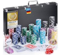 Mallette de poker Profi Pokerset comprenant 300-500 jetons de poker de haute qualité ; deck de poker, jeu de cartes, cartes de poker, dés, bouton de croupier ; casino à domicile (Noir, 500 Jetons)