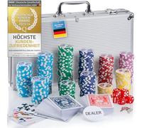 Mallette de poker Profi Pokerset comprenant 300-500 jetons de poker de haute qualité ; deck de poker, jeu de cartes, cartes de poker, dés, bouton de croupier ; casino à domicile (Argent, 300 Jetons)