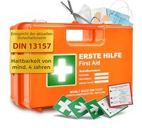 Mallette de premiers secours selon la norme de sécurité actuelle 2026 [DIN 13157:2021] | Avec support mural, 5 autocollants et plombs - Boîte de premiers secours pour la gatronomie, le bureau, la