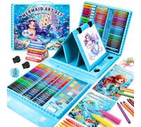 Mallette dessin Sirène avec chevalet double face- Mallette enfant 3-9 ans | Set de coloriage pour filles avec pastels à l'huile,craies,crayons de couleur,feutres à base d'eau,cadeau Sirène pour filles