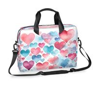 Mallette pour ordinateur portable de 15,7" avec bandoulière amovible et motif cœur abstrait bleu rose aquarelle pour homme et femme