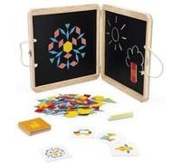 Mallette puzzle magnetique geometrique - 120 aimants 20 cartes modeles 2 craies - formes et couleurs - set coffret creatif et carte