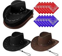 MALLOOM 12 Chapeaux de Cowboy avec Bandanas - Pack de Chapeaux de Cowboy et Bandanas pour Fête d'Halloween, Déguisement de Cowboy pour Anniversaire (Marron, Noir)
