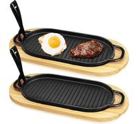 MALLOOM 2pcs Plancha Teppanyaki en Fonte de Fer avec Base en Bois, 29.8,5 x 15,8 cm