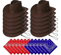 MALLOOM Chapeau de Cow-boy Western avec Bandana - Lot de 12 Chapeaux et Bandanas pour Fête, Costume de Cow-boy Halloween, Anniversaire (Marron)