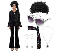 Malloom Costume disco des années 70 pour femme - Haut pantalon, lunettes de soleil, collier, boucles d'oreilles, perruque (noir, L)