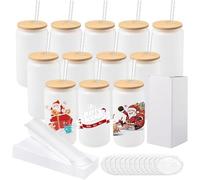 Malloom Lot de 12 verres vierges en verre à sublimation avec couvercle, 473,6 g, verre givré pour canette de bière avec pailles et boîte cadeau, verres à sublimation pour café glacé, jus, soda