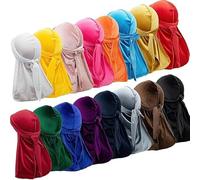 MALLOOM Lot de 16 Durags en Velours pour Hommes - Bandanas à Longue Queue avec Larges Liens, Bonnets Satinés Unisexes pour Vagues 360, Usage Quotidien ou Déguisement - 16 Couleurs