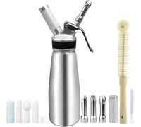 MALLOOM Siphon à Crème Chantilly Professionnel Siphon à Chantilly en Aluminium 500 ML / 1 Pinte avec 6 Douilles de Décoration, 1 Capuchon de Protection, 2 Brosses de Nettoyage