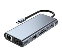 Malloy 11 en 1 Type C Dock Hub USB 3.0 Répartiteur Adaptateur Multiport 4K Compatible RJ45 SD/TF VGA PD Audio Jack Port Ethernet Adaptateur USB vers Type C,