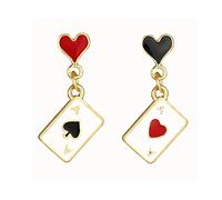 MALOYANVE Boucles d'oreilles pendantes asymétriques avec motif cartes à jouer et cœurs rouges - Long pentagramme - Pour femme - Pour anniversaire, jeu d'argent et casino - Bijoux cadeaux (tisonnier