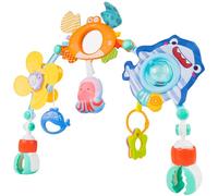 Malplay Arceau de poussette - Animaux marins - Animaux colorés - Jouet de poussette - À suspendre à une poussette - Moulin à vent, miroir, anneaux de dentition, pendentif dauphin, hochet requin,