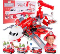 MalPlay Avions pliants Parking et grue | 4x Voitures de pompiers | Jouets éducatifs | Aéroport son et lumière | Enfants dès 3 ans