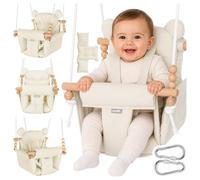 MalPlay Balançoire MALO pour bébé en coton avec coussin et harnais à 3 points jusqu'à 60 kg, balançoire intérieure en bois de hêtre pour bébé de 12 mois à 36 mois, beige/crème