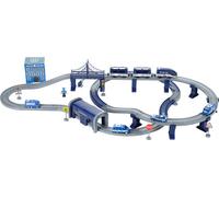 MalPlay Ensemble de chemin de fer | Circuit de chemin de fer avec hélicoptère et voitures | Circuit de voitures de course 103 x 61 x 15 cm | Train avec wagons | Jouets pour enfants à partir de 3 ans