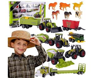 Malplay Kit de tracteur avec accessoires, machines agricoles, pour enfants, moissonneuse-batteuse, pelleteuse, tracteur, moissonneuse à partir de 3 ans