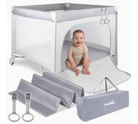 MalPlay Parc bébé 100 x 100 cm, avec matelas et filet respirant, aire de jeux de sécurité, avec 2 anneaux de jeu, pour l'intérieur et l'extérieur, sur roulettes avec freins