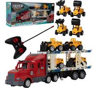 Malplay Rc Téléguidé Camion Porte-Voiture Avec Remorque Pneus en Caoutchouc Camion de Remorquage Avec 4 Véhicules de Construction Pour Enfants De 3 Ans Et Plus