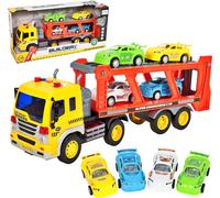 Malplay Remorque Jouet | Avec Lumière & Son | Camion de Transport de Voiture Avec 4 Mini Voitures Multicolores | Longueur 37 Cm | A partir de 3 ans | Cadeau Pour Enfants
