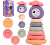 MalPlay Tour d'empilage souple Pyramide Sensory Tower avec 8 éléments, Jouet d'empilage pour bébé, Jouet de motricité Anneau de dentition, Jeu d'empilage pour enfants de 6 mois et plus